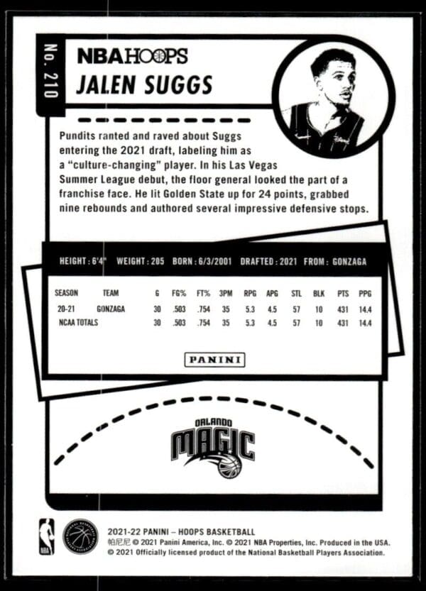 2021 NBA Hoops Orlando Magic #210 Jalen Suggs RC Rookie