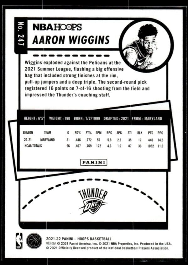 2021 NBA Hoops Oklahoma City Thunder #247 Aaron Wiggins RC Rookie