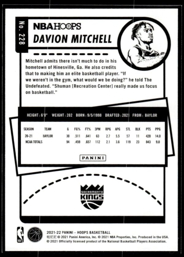 _10 2021 NBA Hoops Sacramento Kings #228 Davion Mitchell RC Rookie