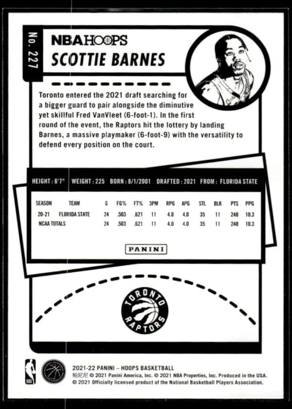 2021 NBA Hoops Toronto Raptors #227 Scottie Barnes RC Rookie
