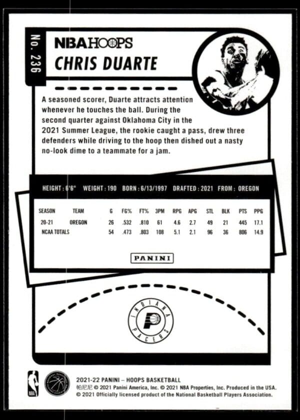 _10 2021 NBA Hoops Indiana Pacers #236 Chris Duarte RC Rookie