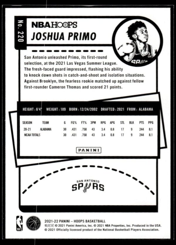 _10 2021 NBA Hoops San Antonio Spurs #220 Joshua Primo RC Rookie