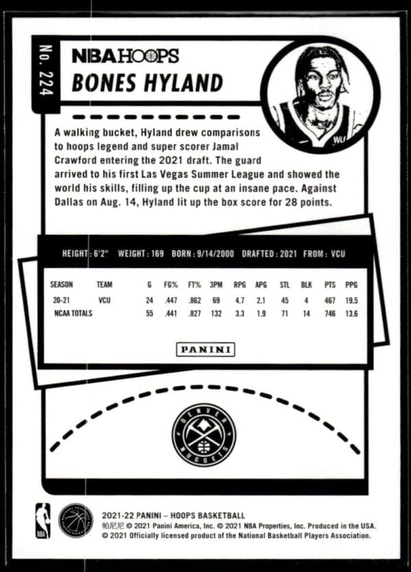2021 NBA Hoops Denver Nuggets #224 Bones Hyland RC Rookie