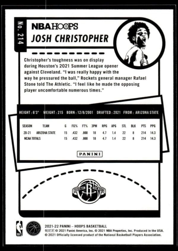 2021 NBA Hoops Houston Rockets #214 Josh Christopher RC Rookie
