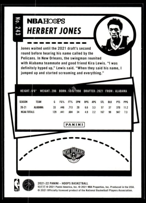 _10 2021 NBA Hoops New Orleans Pelicans #243 Herbert Jones RC Rookie