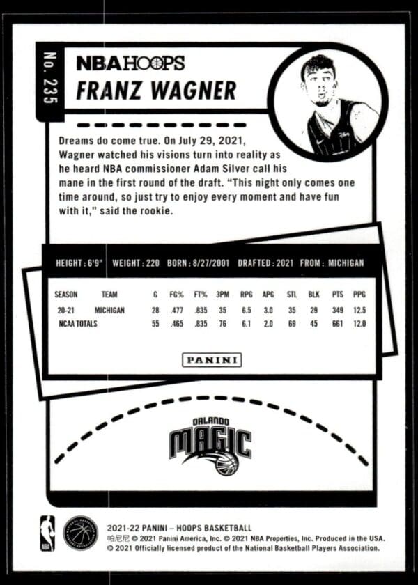 2021 NBA Hoops Orlando Magic #235 Franz Wagner RC Rookie