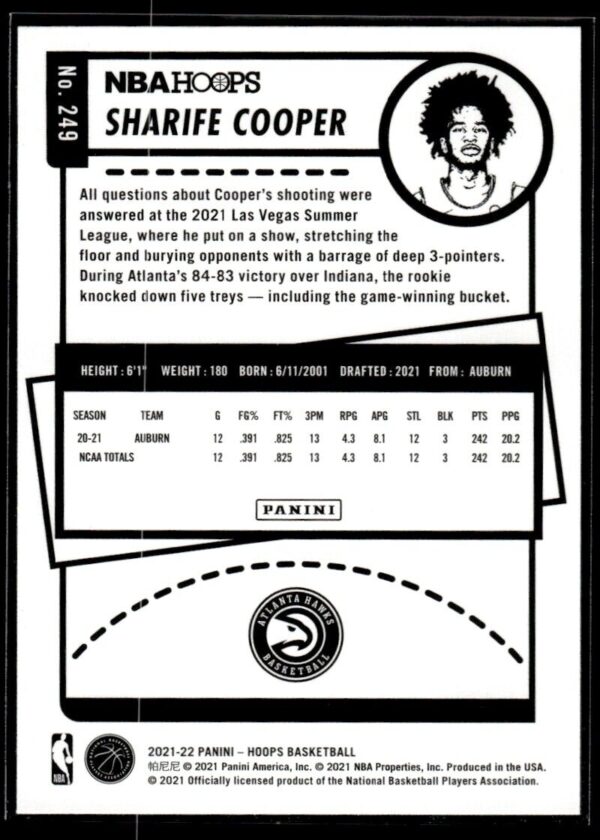 2021 NBA Hoops Atlanta Hawks #249 Sharife Cooper RC Rookie