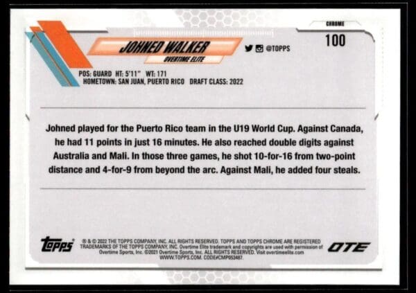 2021 Topps Overtime Elite Chrome  #100 Johned Walker