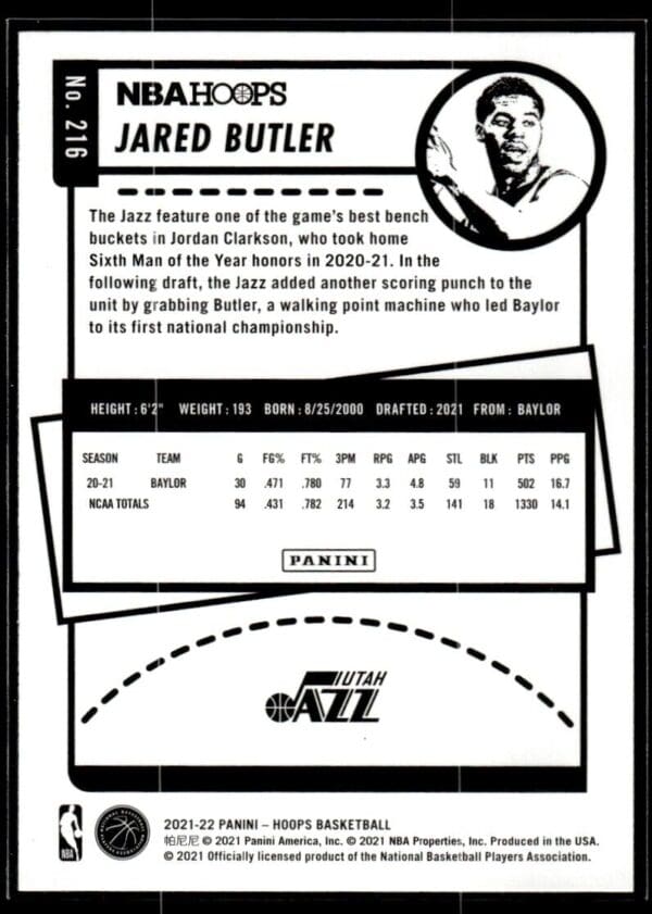 2021 NBA Hoops Utah Jazz #216 Jared Butler RC Rookie