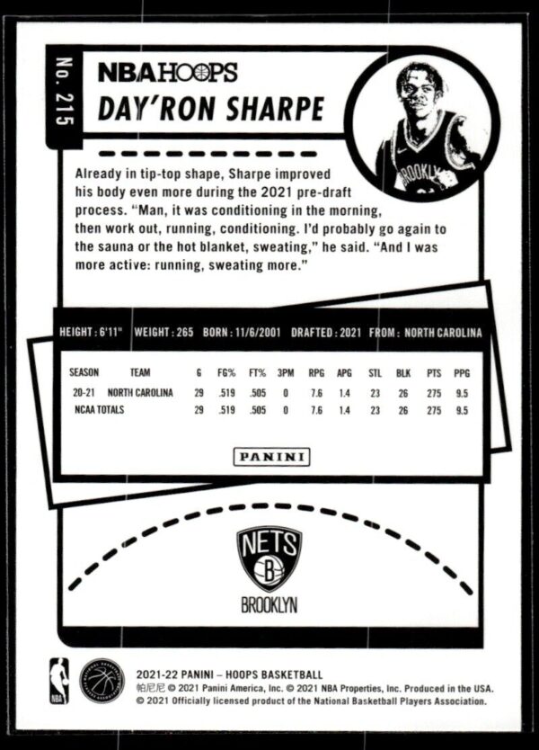 _10 2021 NBA Hoops Brooklyn Nets #215 Day'Ron Sharpe RC Rookie