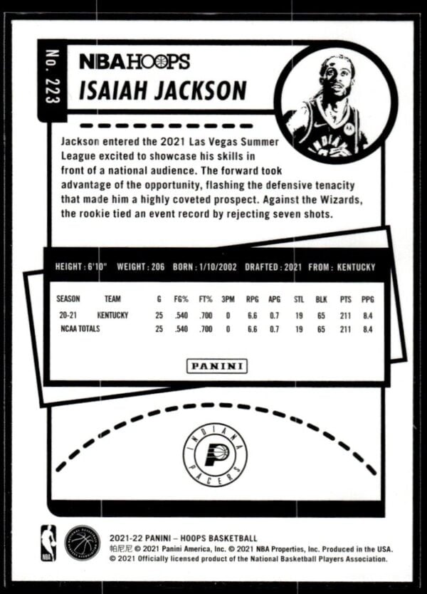 2021 NBA Hoops Indiana Pacers #223 Isaiah Jackson RC Rookie
