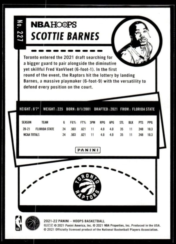 2021 NBA Hoops Toronto Raptors #227 Scottie Barnes RC Rookie