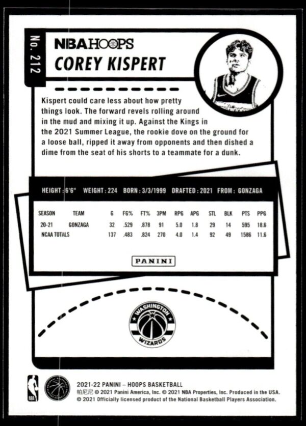 2021 NBA Hoops Washington Wizards #212 Corey Kispert RC Rookie