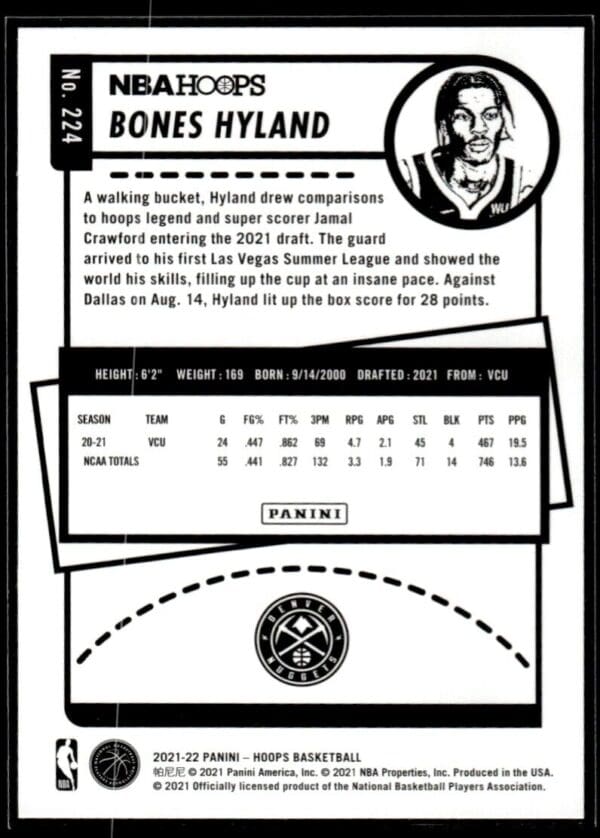 2021 NBA Hoops Denver Nuggets #224 Bones Hyland RC Rookie