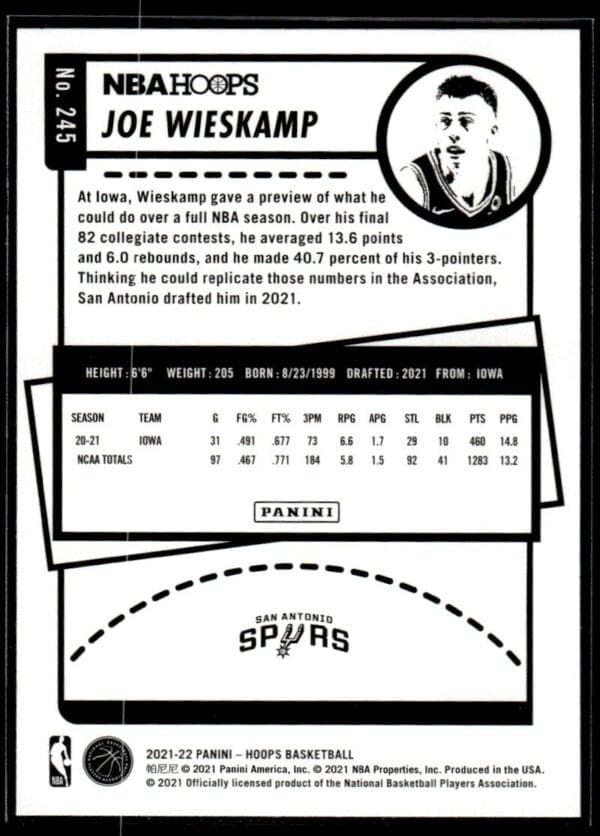 _10 2021 NBA Hoops San Antonio Spurs #245 Joe Wieskamp RC Rookie