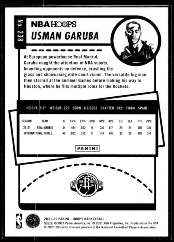 2021 NBA Hoops Houston Rockets #238 Usman Garuba RC Rookie