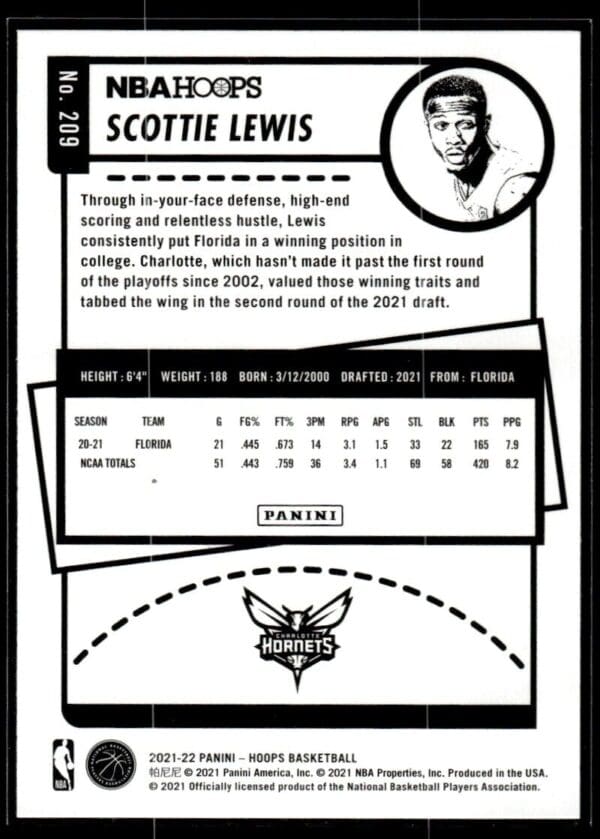 2021 NBA Hoops Charlotte Hornets #209 Scottie Lewis RC Rookie