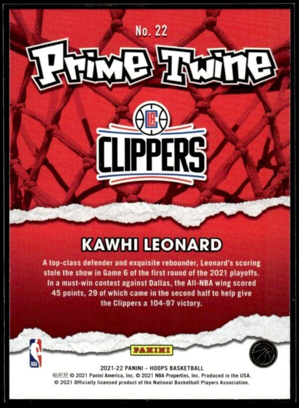 _10 2021-22 Hoops Prime Twine Kawhi Leonard Los Angeles Clippers #22