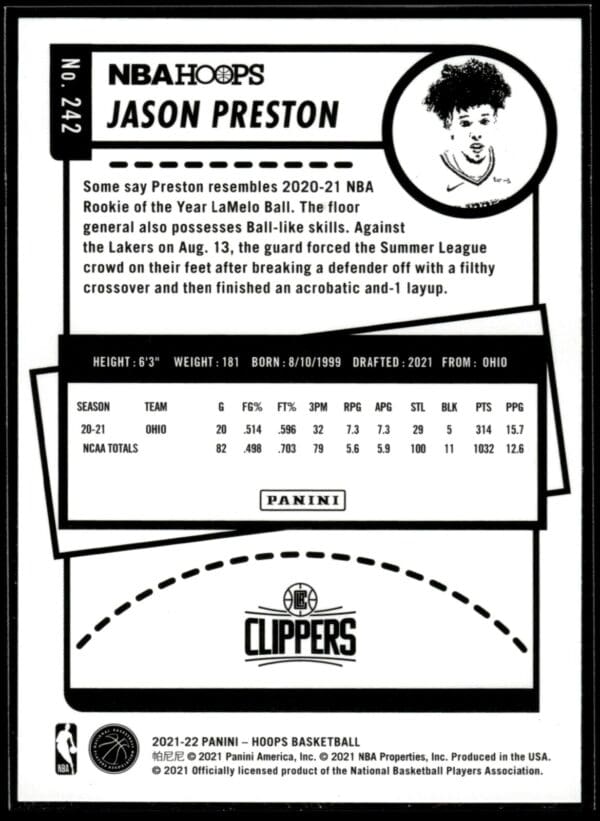 2021-22 Hoops Jason Preston Rookie Los Angeles Clippers #242