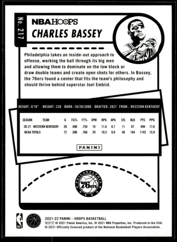 2021-22 Hoops Charles Bassey Rookie Philadelphia 76ers #217