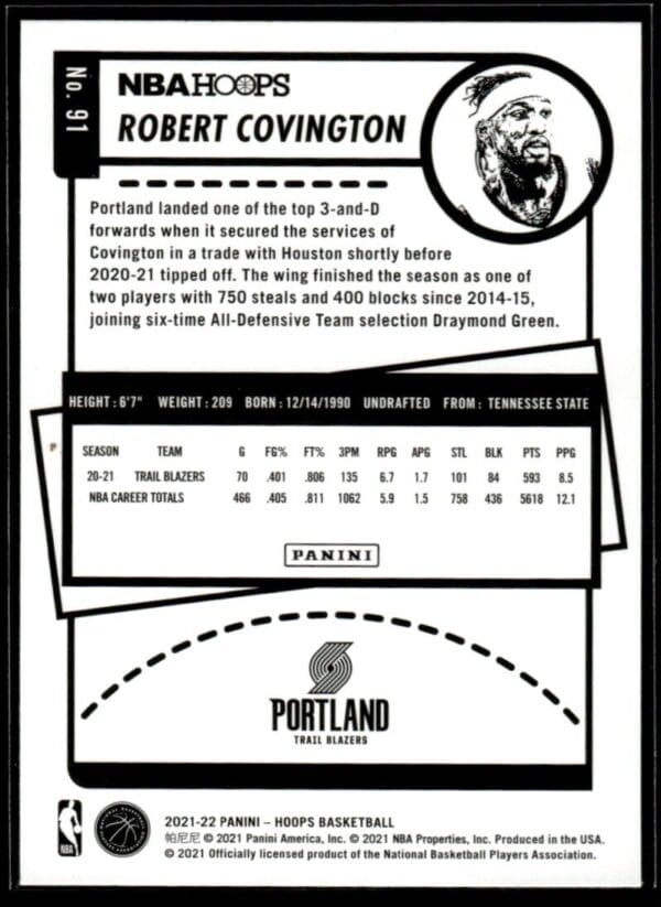 _10 2021-22 Hoops Purple Robert Covington Houston Rockets #91