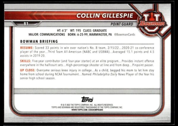 2002 Bowman University  #81 Collin Gillespie