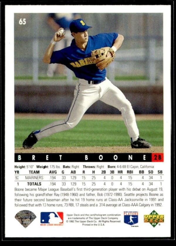 1993 Upper Deck Seattle Mariners #65 Bret Boone