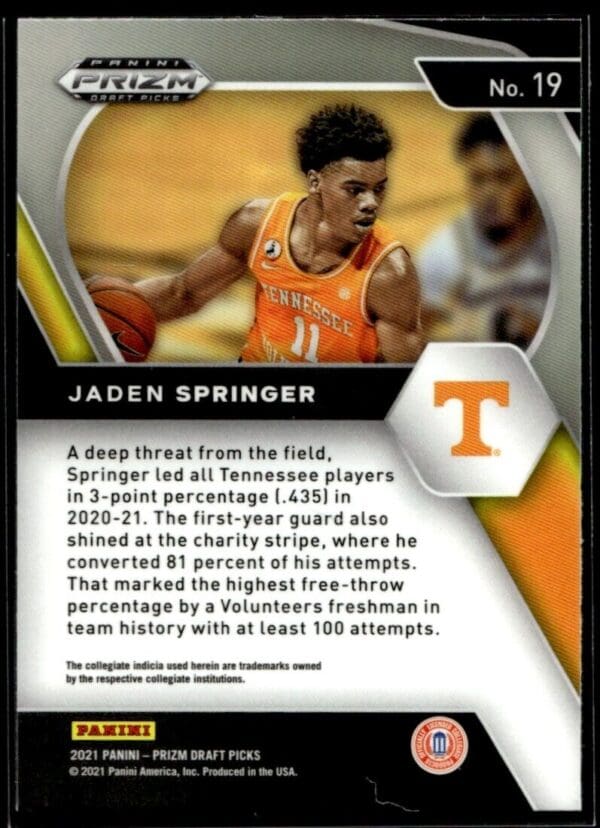 2021 Panini Prizm Draft Picks Tennessee Volunteers #19 Jaden Springer RC Rookie