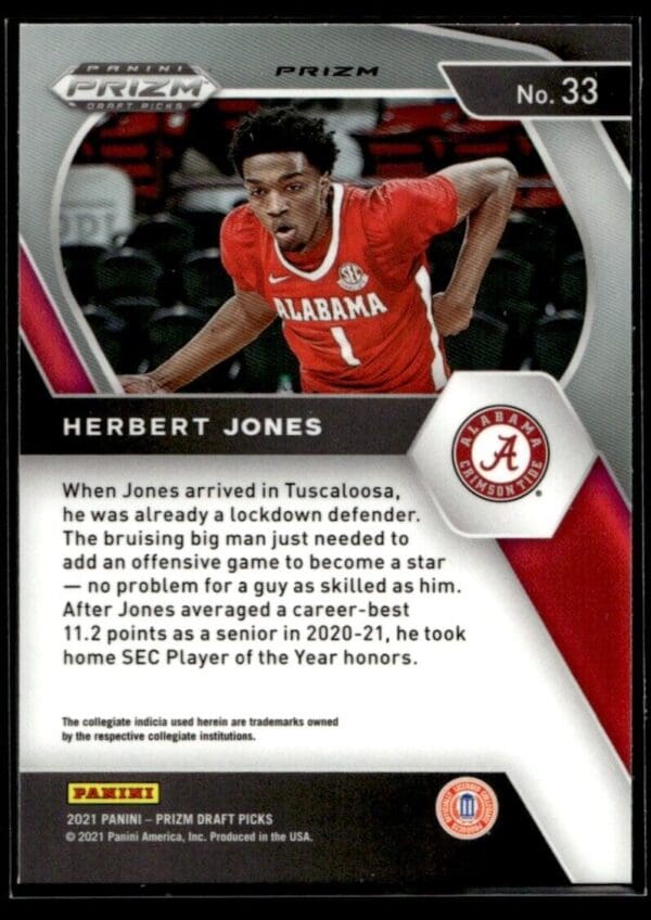 2021 Panini Prizm Draft Picks Alabama Crimson Tide #33 Herbert Jones RC Rookie O