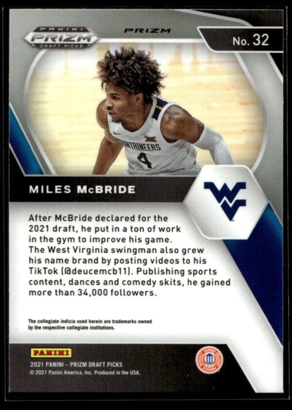 2021 Panini Prizm Draft Picks West Virginia Mountaineers #32 Miles McBride RC Ro