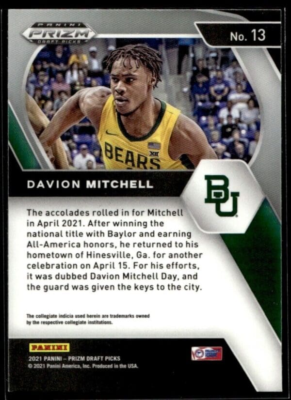 2021 Panini Prizm Draft Picks Baylor Bears #13 Davion Mitchell RC Rookie