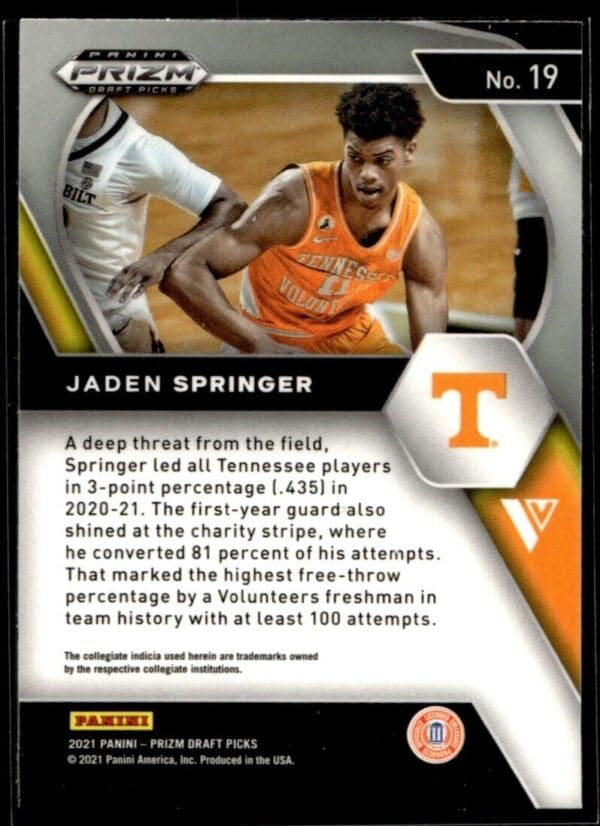 2021 Panini Prizm Draft Picks Tennessee Volunteers #19 Jaden Springer RC Rookie