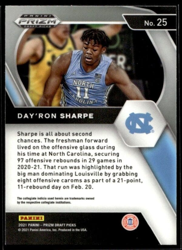 2021 Panini Prizm Draft Picks North Carolina Tar Heels #25 Day'Ron Sharpe RC Roo