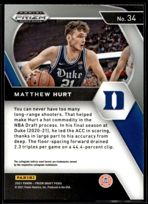 2021 Panini Prizm Draft Picks Duke Blue Devils #34 Matt Hurt RC Rookie