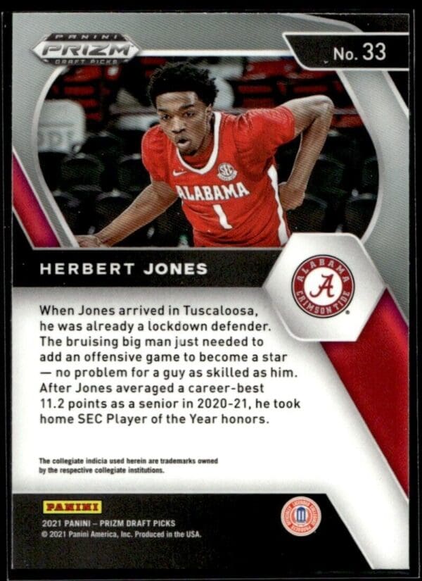 2021 Panini Prizm Draft Picks Alabama Crimson Tide #33 Herbert Jones RC Rookie