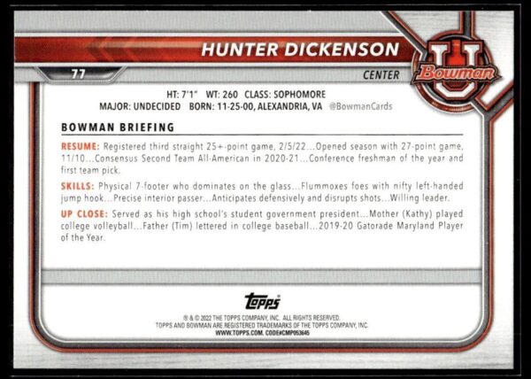 2002 Bowman University  #77 Hunter Dickenson