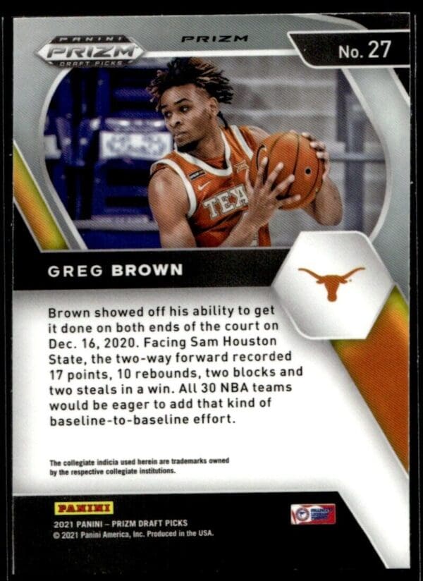 _10 2021 Panini Prizm Draft Picks Texas Longhorns #27 Greg Brown III RC Rookie Orang