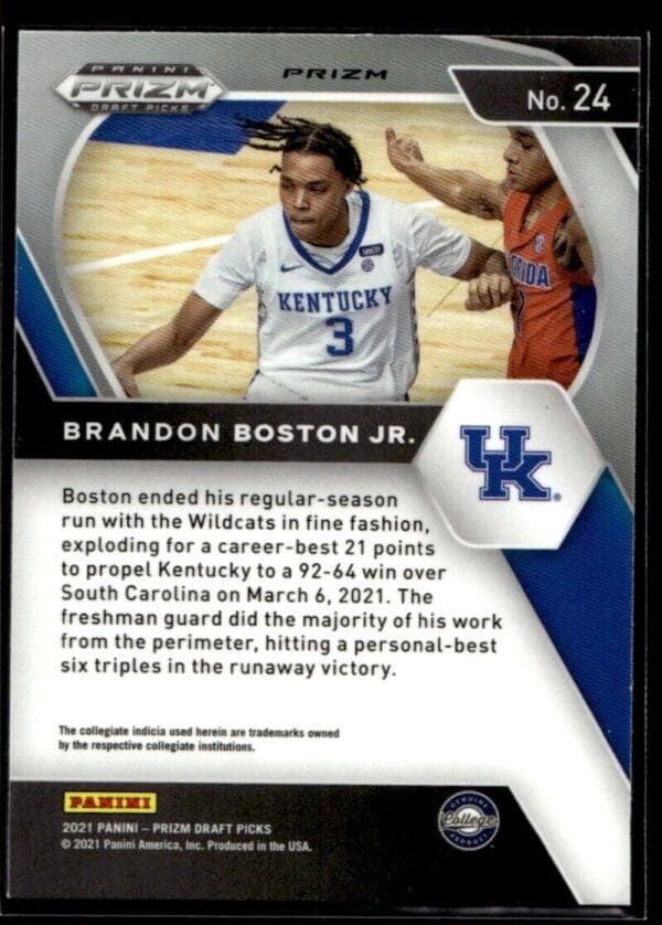 2021 Panini Prizm Draft Picks Kentucky Wildcats #24 Brandon Boston Jr. RC Rookie