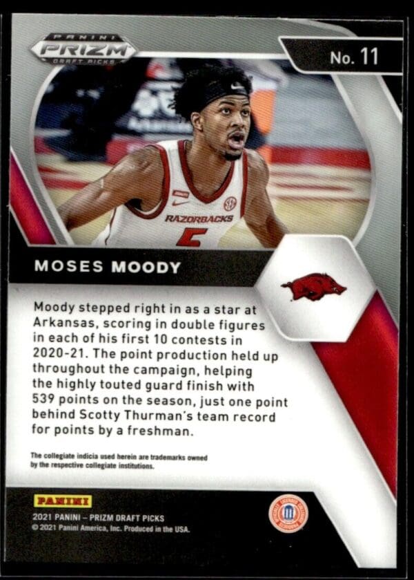 _10 2021 Panini Prizm Draft Picks Arkansas Razorbacks #11 Moses Moody RC Rookie