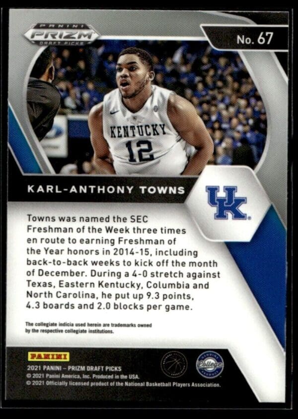 _10 2021 Panini Prizm Draft Picks Kentucky Wildcats #67 Karl-Anthony Towns