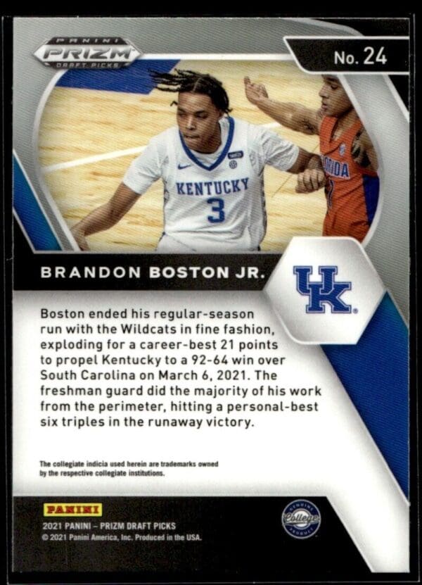 _10 2021 Panini Prizm Draft Picks Kentucky Wildcats #24 Brandon Boston Jr. RC Rookie