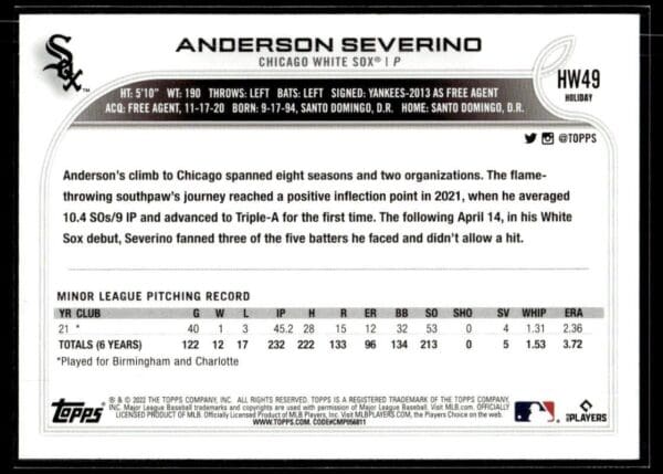 2022 Topps Holiday Chicago White Sox #HW49 Anderson Severino RC Rookie