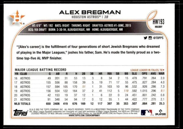 _10 2022 Topps Holiday Houston Astros #HW193 Alex Bregman