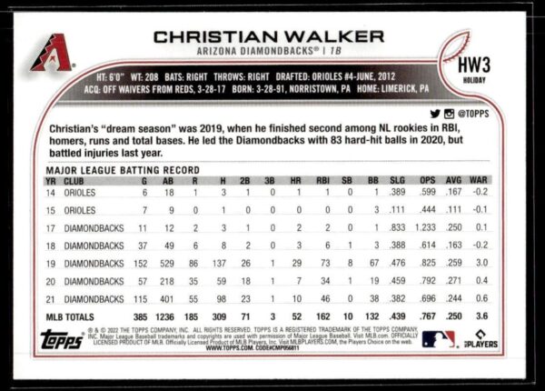 _10 2022 Topps Holiday Arizona Diamondbacks #HW3 Christian Walker