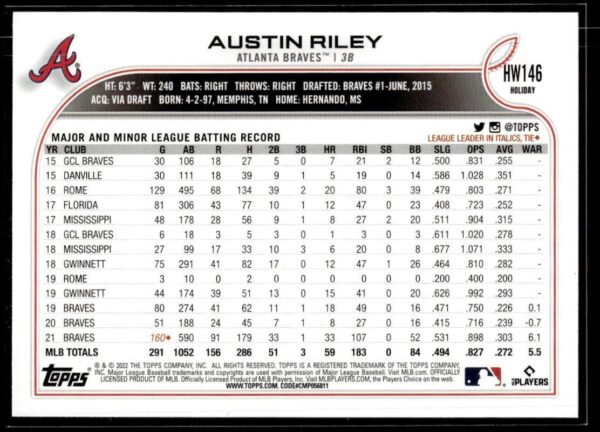 _10 2022 Topps Holiday Atlanta Braves #HW146 Austin Riley