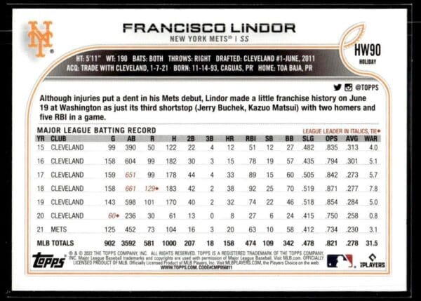 2022 Topps Holiday New York Mets #HW90 Francisco Lindor