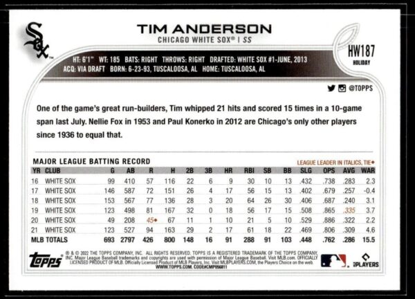 _10 2022 Topps Holiday Chicago White Sox #HW187 Tim Anderson