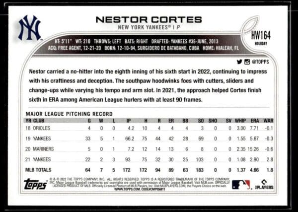 2022 Topps Holiday New York Yankees #HW164 Nestor Cortes