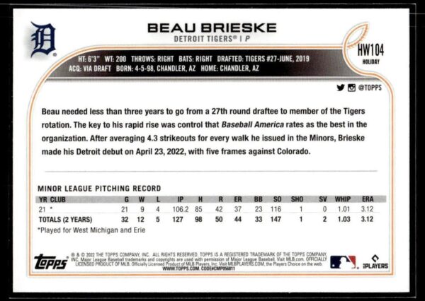 2022 Topps Holiday Detroit Tigers #HW104 Beau Brieske RC Rookie