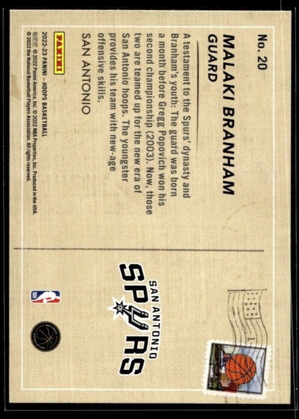 2022 Hoops Rookie Greetings San Antonio Spurs #20 Malaki Branham